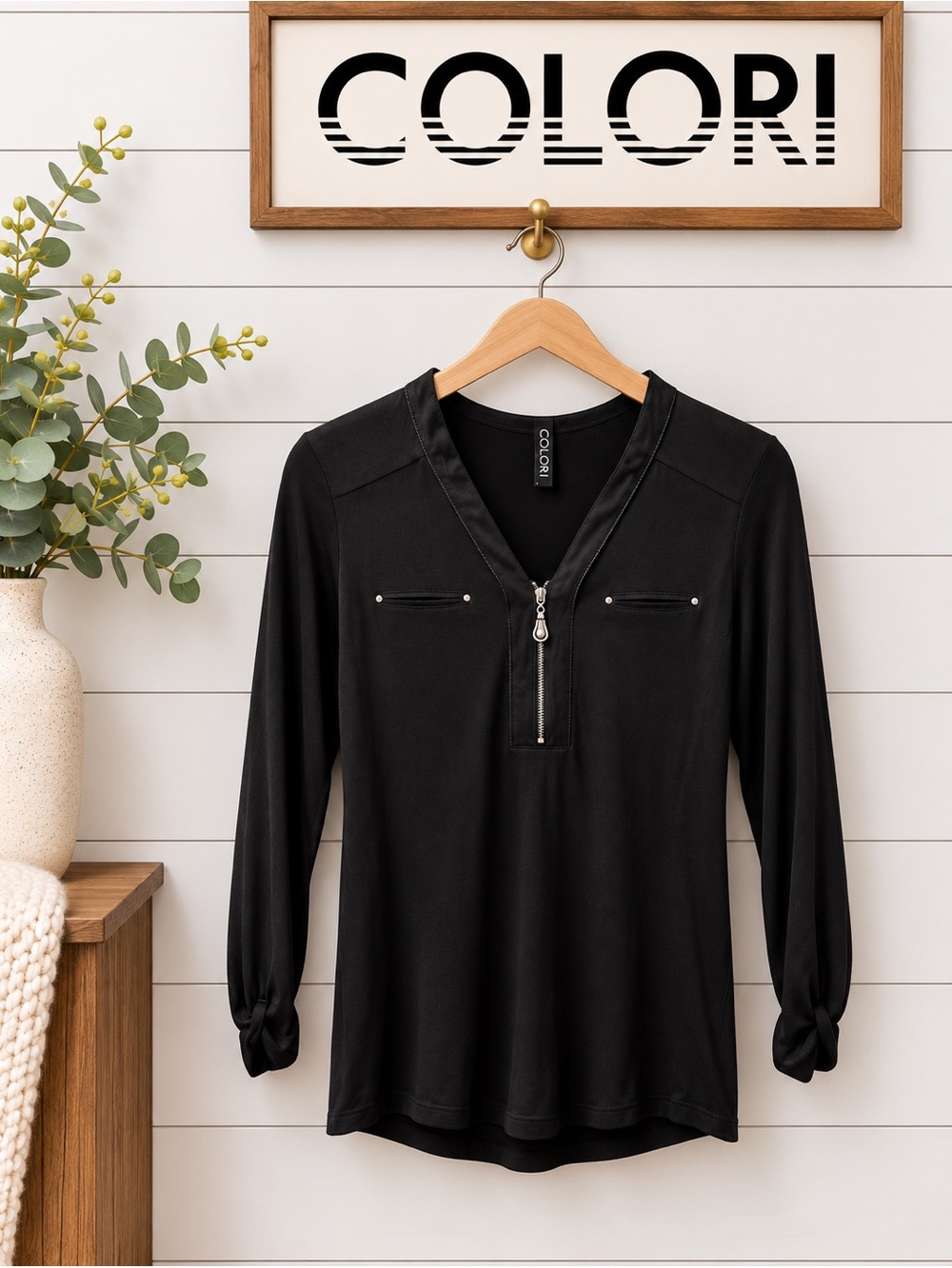 COLORI Black Long Sleeve Zip Detail Top Size S